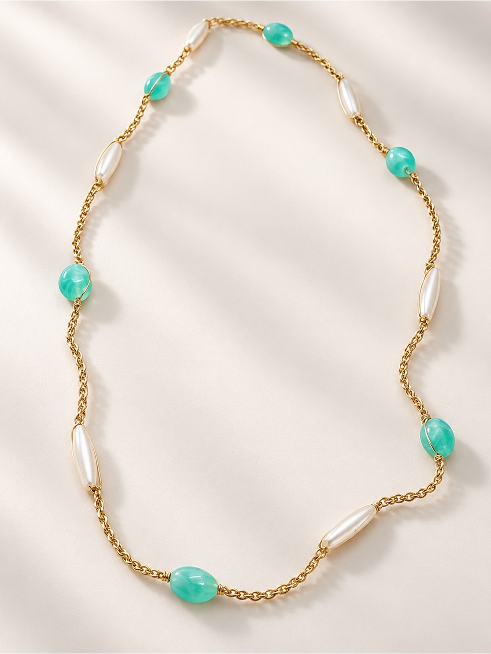  3/$30 Gold Tone Chain Necklace with Aqua Beads and White Pearlescent Accents